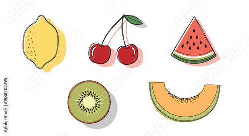 Flat style vector illustration of minimal fruit slices including kiwi, lemon, watermelon, and melon arranged in simple geometric layout with soft shadow accents