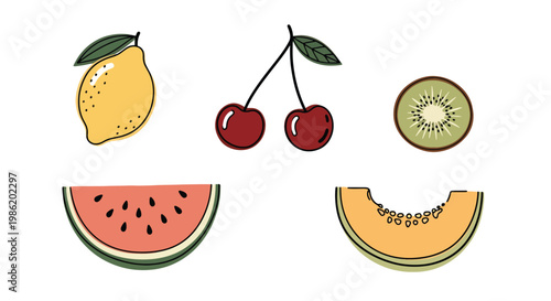 Flat style vector illustration of minimal fruit slices including kiwi, lemon, watermelon, and melon arranged in simple geometric layout with soft shadow accents