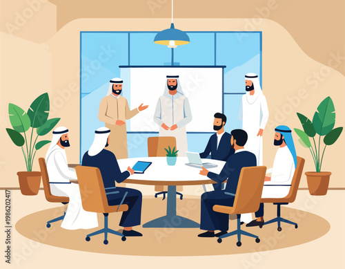 Group of Arab Businessmen Having a Professional Meeting in a Modern Office Environment.
