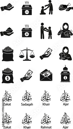 Zakat vector icons collection depicting islamic charitable donation giving customs and religious financial assistance practices with symbolic money bags currency scales and food distribution elements 