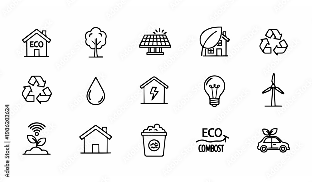 Fototapeta premium Eco life house line icon set with tree recycling solar energy and sustainable home symbols vector