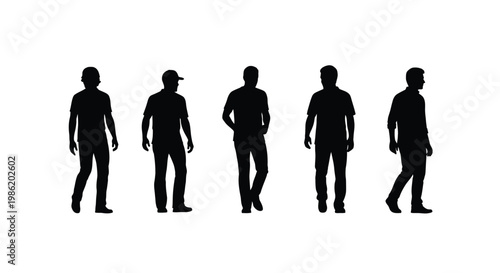 Five men standing in various poses depicted as a silhouette