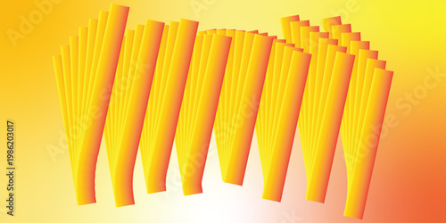 Vibrant yellow and orange 3d illustration of numerous cylindrical tubes arranged in a curved formation on a gradient background