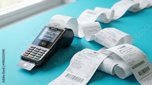 A payment terminal with a long stream of receipts on a blue surface near a window, used for processing transactions and managing finances in a business or retail setting.