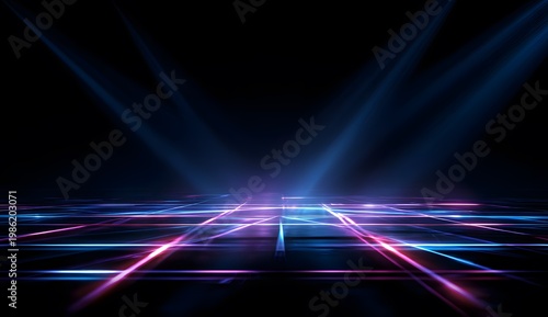 Abstract grid of neon light lines in blue and pink, projecting from spotlights onto dark reflective surface, science fiction, cyberspace, digital network concept, futuristic interior design