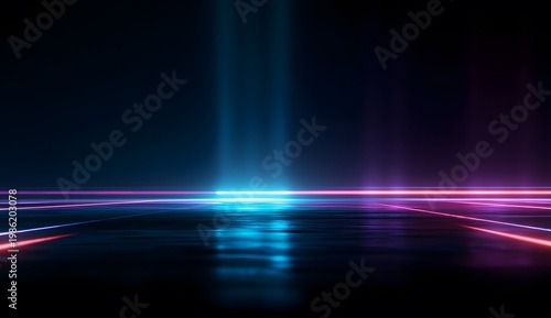 Futuristic concert stage with dramatic blue and pink neon light beams, spotlight illumination on wet concrete floor, dark moody atmosphere, abstract background for performance or technology showcase
