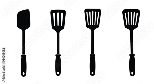 Four kitchen spatulas arranged in a row black silhouette