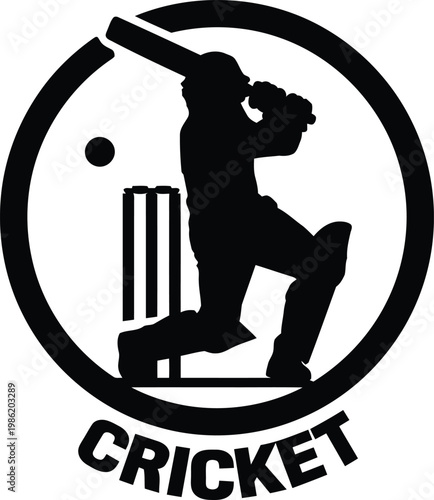 Dynamic silhouette of a cricketer batting in action with cricket equipment