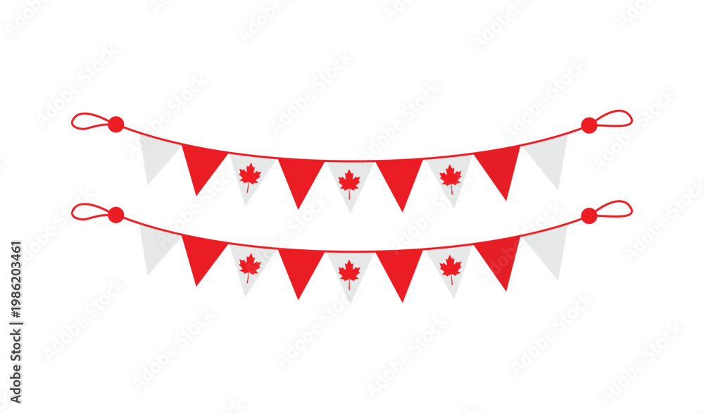 Obraz premium Festive Canadian Flag Bunting Hanging in a Curved Pattern, Celebrating National Pride with Vibrant Red and White Colors