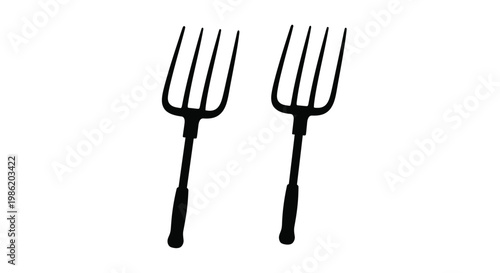 Two garden forks are displayed in a stark black silhouette