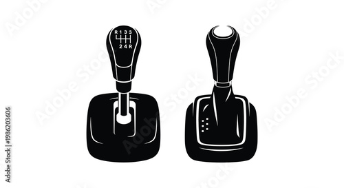 Detailed rendering of two automotive gear shifters in black showcasing modern design features a striking silhouette high quality professional detailed