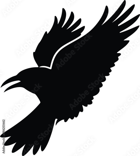 Silhouette of a majestic raven in flight, wings spread wide against a white background