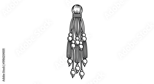 A detailed black and white illustration of a decorative tassel with beads presented as a striking silhouette high quality professional modern