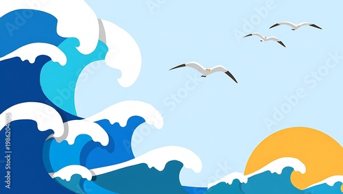 Captivating cartoon illustration featuring majestic blue ocean waves with frothy white crests, a radiant golden sun, and three elegant seagulls soaring freely above the vast expanse of the open sea