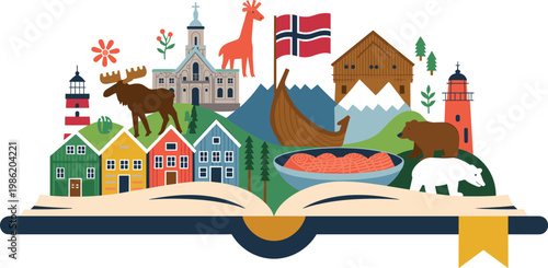 Norway travel and culture concept with landmarks wildlife and nature elements popping out of an open book including viking ships and fjords vector
