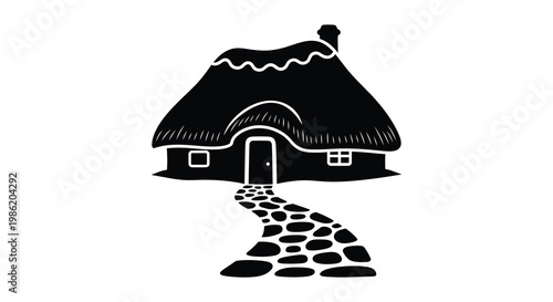 A charming black silhouette of a thatched roof cottage with a stone path leading to the doorway silhouette high quality professional detailed
