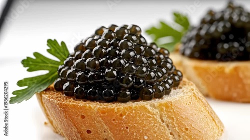 Exquisite Black Caviar Appetizer with Shiny Sturgeon Roe Served on Toasted Baguette for Luxury Catering and Gourmet Food Marketing.