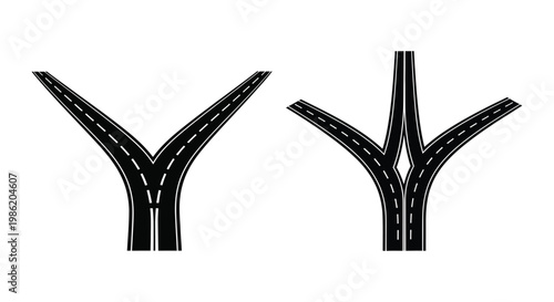 Road junction graphic showcasing diverging and converging pathways silhouette