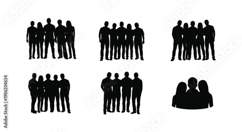 Groups of people depicted in stark black silhouettes
