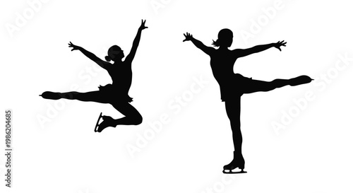 Figure skaters in dynamic poses a striking black silhouette