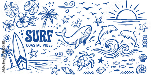 Coastal vibes illustration with surfboard dolphins sea turtles and tropical elements in blue lines on white background