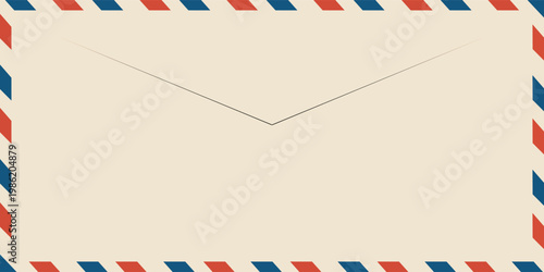 Airmail envelope frame with blue and red stripes on white background. International vintage letter border. Retro air mail postcard. Blank envelope. Vector illustration isolated on white background
