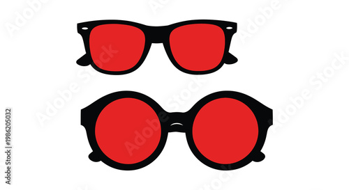 Two pairs of vividly red sunglasses are displayed against a white background creating a striking visual silhouette high quality professional detailed