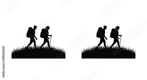 Hikers with backpacks walking through tall grass a dark silhouette