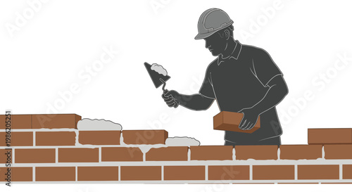 A construction worker applying mortar to bricks building a wall with a distinct black silhouette high quality professional detailed modern elegant