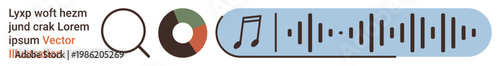 Music concepts, data visualization, audio editing, sound analysis, search technology, modern communication. Audio waveform with a musical note, magnifying glass icon and circular graph. Music