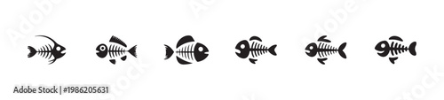Set of stylized fish skeletons isolated on white background, simple vector illustration