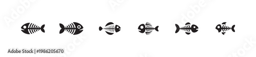 Set of stylized fish skeletons on white background, vector graphics collection