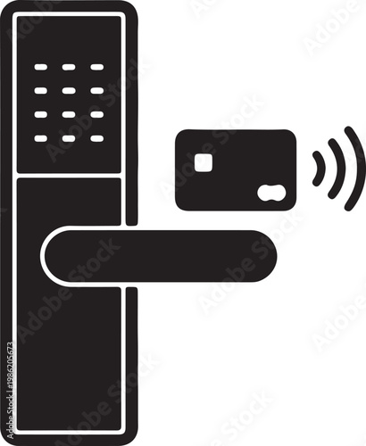 Smart hotel door lock, electronic key card, wireless access, modern door handle, black and white