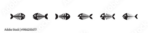 Collection of six different fish skeleton icons on white background vector art