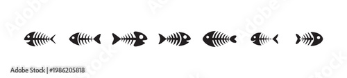 Fish bone vector icon set, black fish skeleton symbol on white background fish food scraps