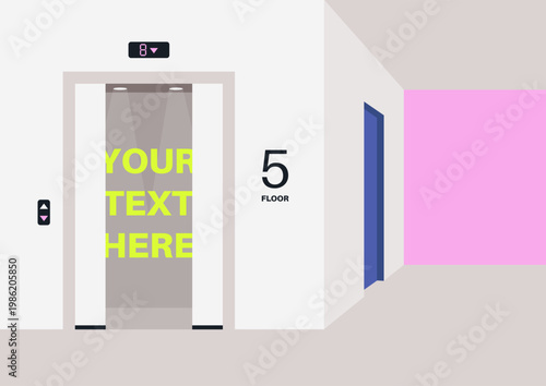 Elevator doors glide open to showcase bold signage marked YOUR TEXT HERE in bright yellow, The sleek design highlights a contemporary office environment, sparking curiosity.