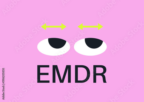 Bright neon background features the EMDR logo, depicting eyes and lateral arrows, The design captures the essence of eye movements used in therapy, promoting mental wellness.