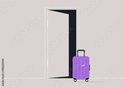 A purple suitcase stands ready by an open door, hinting at an upcoming journey