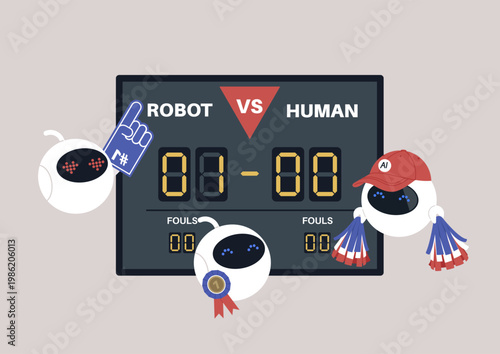 A vibrant scoreboard showcases a match between artificial intellect and humans, featuring enthusiastic characters, The score displays 1-0, creating anticipation for the exciting event ahead.