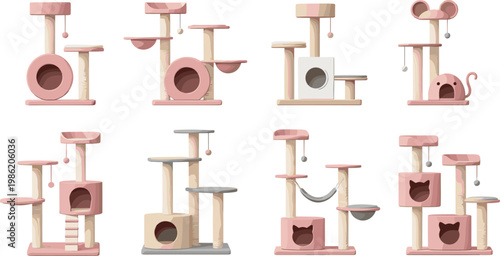 Cat Tree Vector Collection Featuring Platforms, Cubbies, Hammocks, Ladders, and Play Structures for Pet Furniture