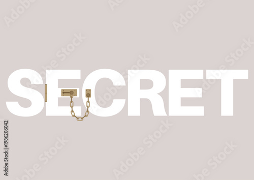 A unique design features a SECRET sign, where a latch is interwoven with bold lettering, This captivating scene invites curiosity and beckons closer examination.