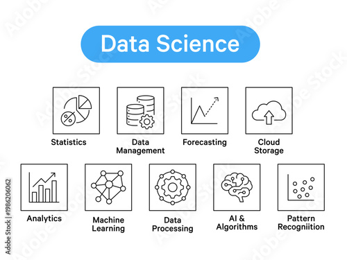 Data Science and Machine Learning Icon Set in Minimalist Black Outline Style