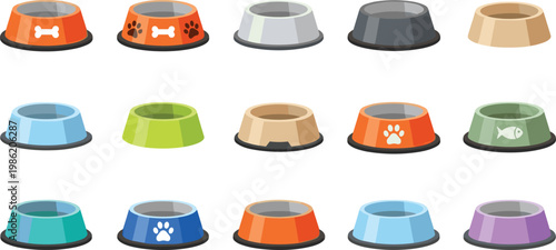 Colorful Pet Bowl Vector Collection Featuring Dog and Cat Feeding Accessories with Paw, Bone, and Fish Designs