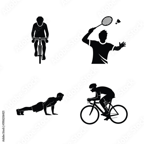 Cyclists push ups badminton player athletes in action silhouette collection