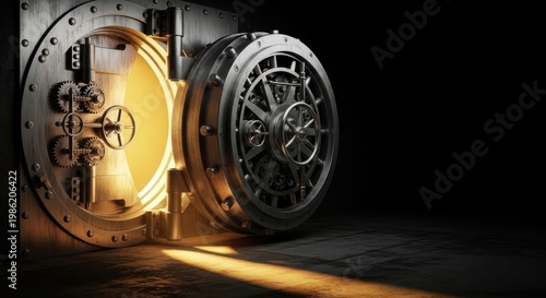 Open bank vault door with glowing light for security and finance concept, 3d render illustration