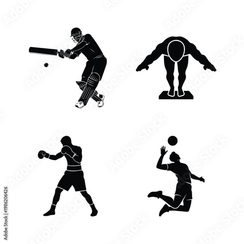 Cricket batsman diver boxer volleyball player athletes silhouette