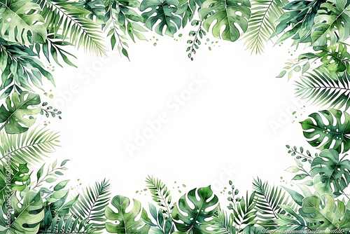 Watercolor illustration with green tropical leaf frame. Botanical foliage border with monstera and palm fronds. Natural plant background design element for invitation and greeting card.