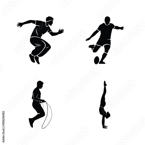 Diverse sports training silhouettes including jumping parkour rugby skipping and handstand