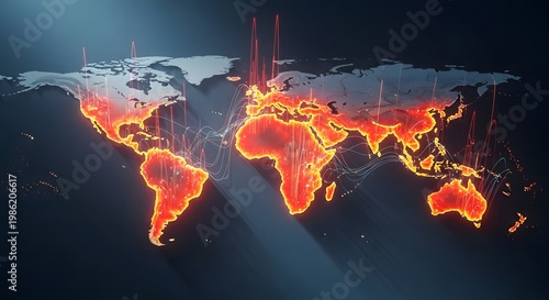 Global map illustration of a burning 3d planet earth with continents like Europe Asia and America on fire across the world geography atlas