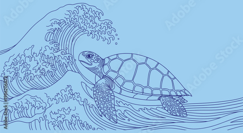 Blue Line Art Sea Turtle Swimming Under Cresting Ocean Wave